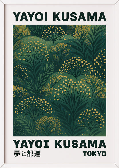 yayoi kusama grün kunst poster gerahmt in weißem rahmen für minimalistisches interieur