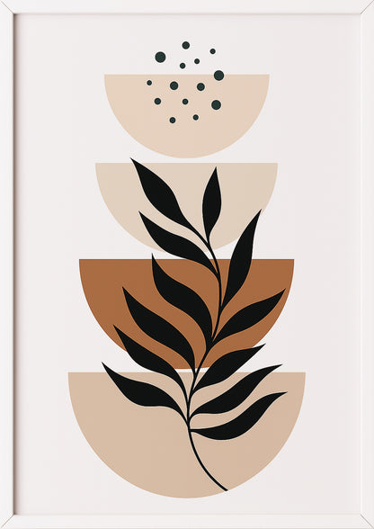 Boho Poster mit Halbkreisen & schwarzen Blättern in weißem Rahmen – Kunst fürs Wohnzimmer