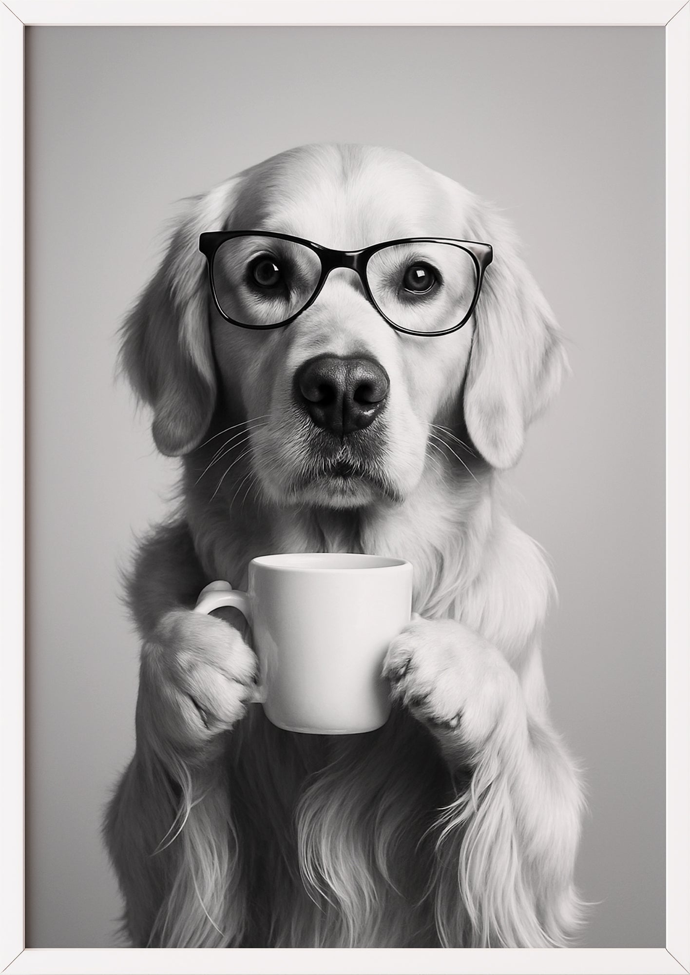 Poster: Golden Retriever mit Brille und Tasse im weißen Rahmen