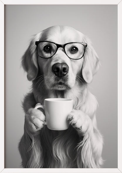 Poster: Golden Retriever mit Brille und Tasse im weißen Rahmen