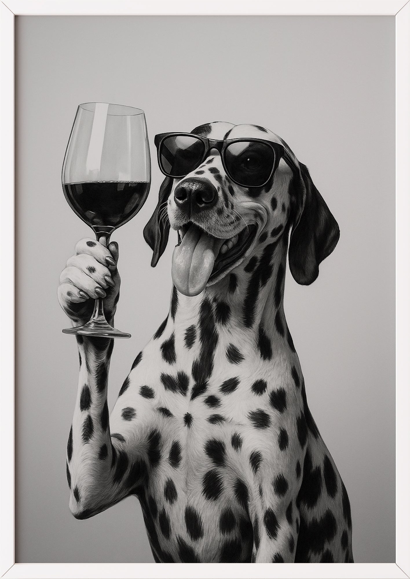 Poster: Dalmatiner mit Sonnenbrille und Rotwein im weißen Rahmen