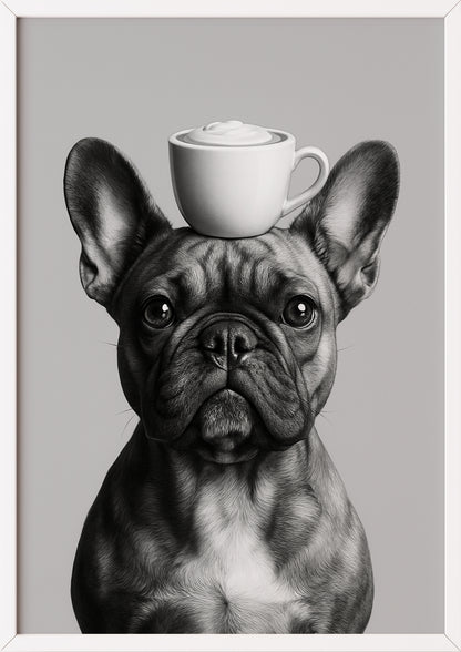 Poster der französischen Bulldogge mit Kaffeetasse im weißen Rahmen an einer farbigen Wand