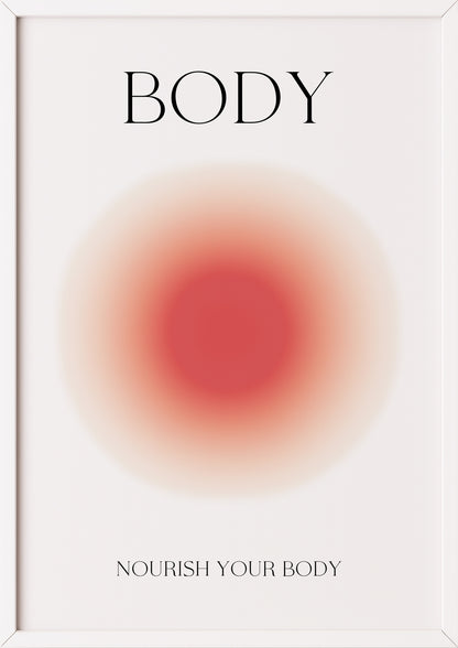 Poster mit rot-rosanem Leuchtverlauf in weißem Rahmen und typografischer Gestaltung