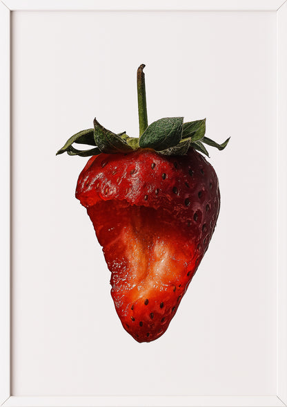 Angebissene Erdbeere Kunstdruck mit weißem Rahmen – frische Küchen Wanddeko