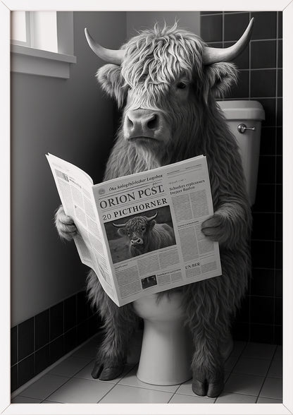 Hochlandrind auf Toilette Bild in weißem Rahmen im Bad
