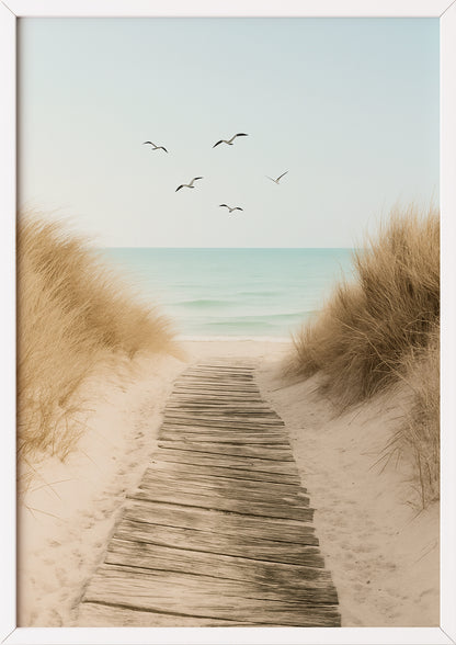 Strandweg-Fotografie im weißen Rahmen auf neutralem Hintergrund