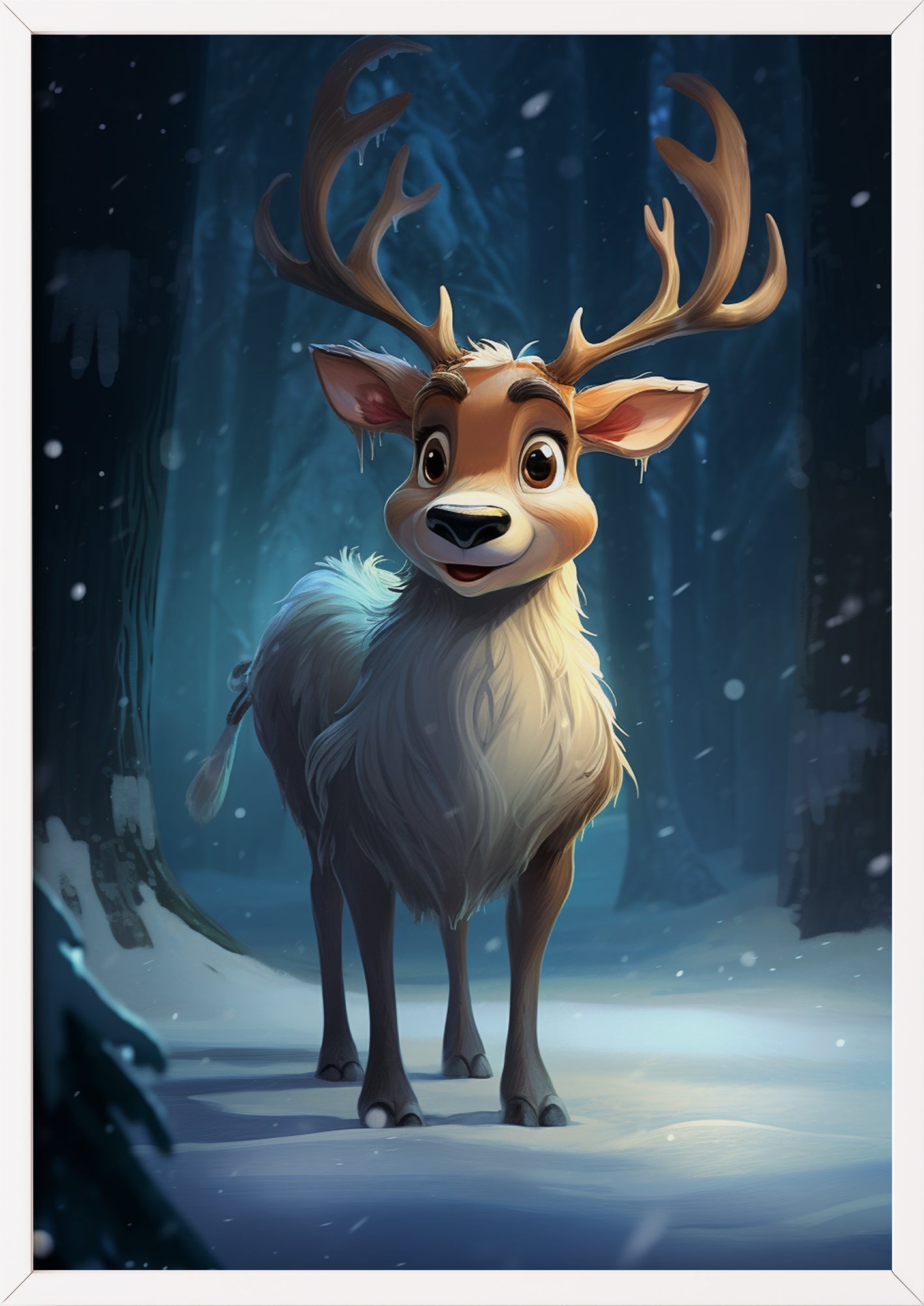 Cartoon-Rentier im Winterwald im weißen Holzrahmen