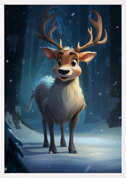 Cartoon-Rentier im Winterwald im weißen Holzrahmen