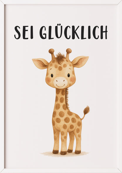 Giraffe Sei glücklich Kinder Affirmation Poster gerahmt in weißem Rahmen, perfekte Wandkunst fürs Babyzimmer