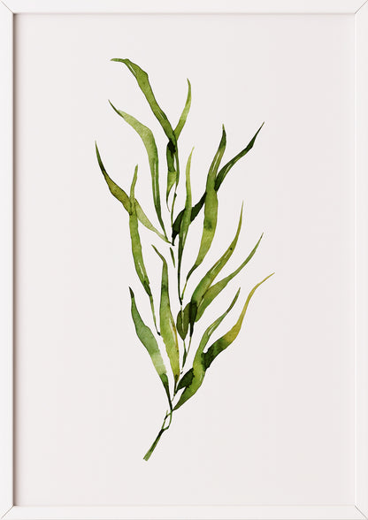 Poster mit grünem Aquarellzweig im weißen Rahmen an einer neutralen Wand