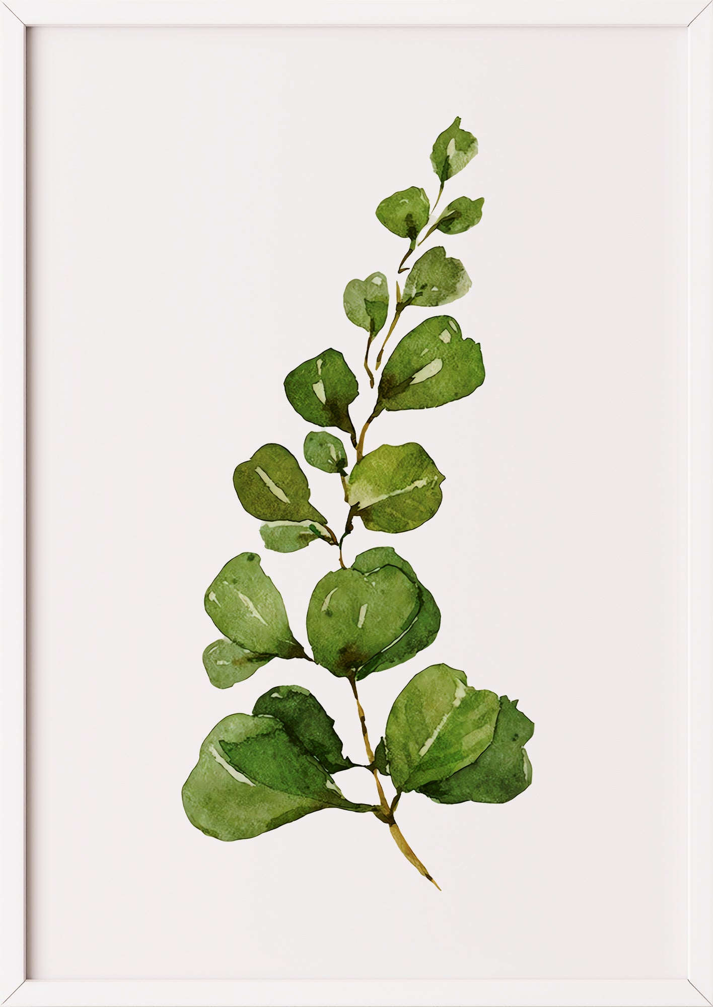 Poster mit Eukalyptuszweig im weißen Rahmen an einer hellen Wand