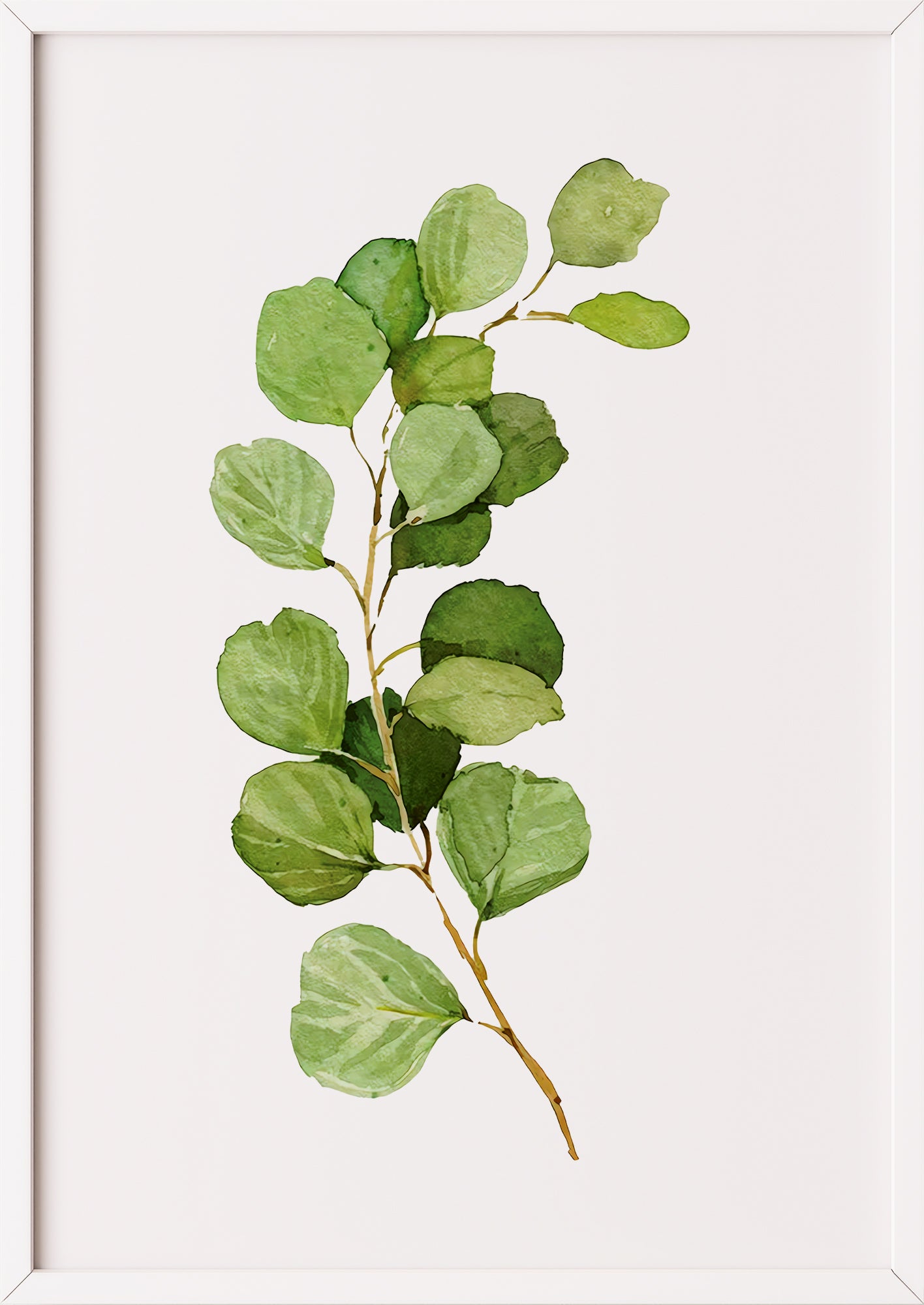 Poster mit Silver Dollar Eukalyptuszweig im weißen Rahmen an einer hellen Wand