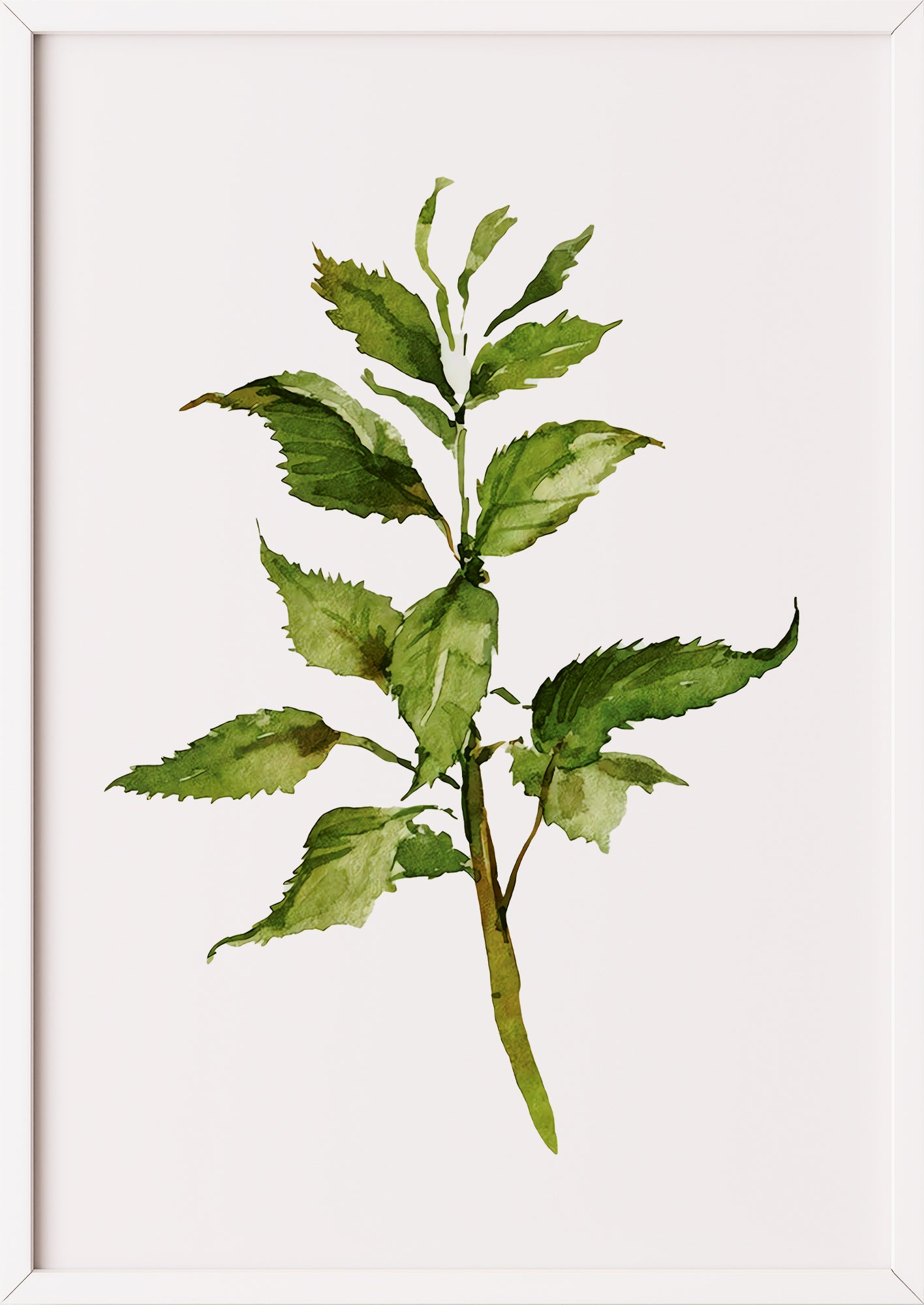 Poster mit Aquarellzweig im weißen Rahmen an einer hellen Wand