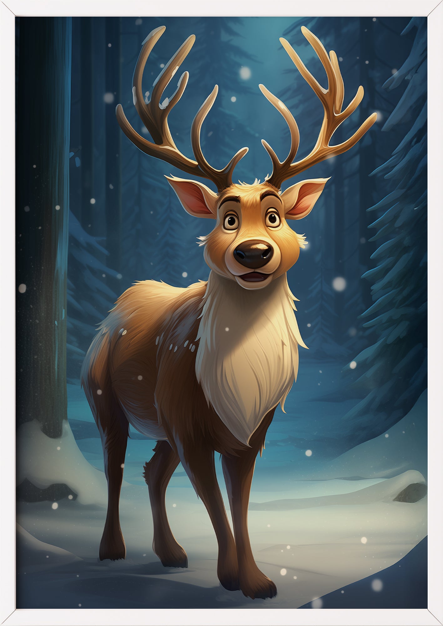 Cartoon-Rentier mit Geweih im weißen Holzrahmen, verschneite Szene