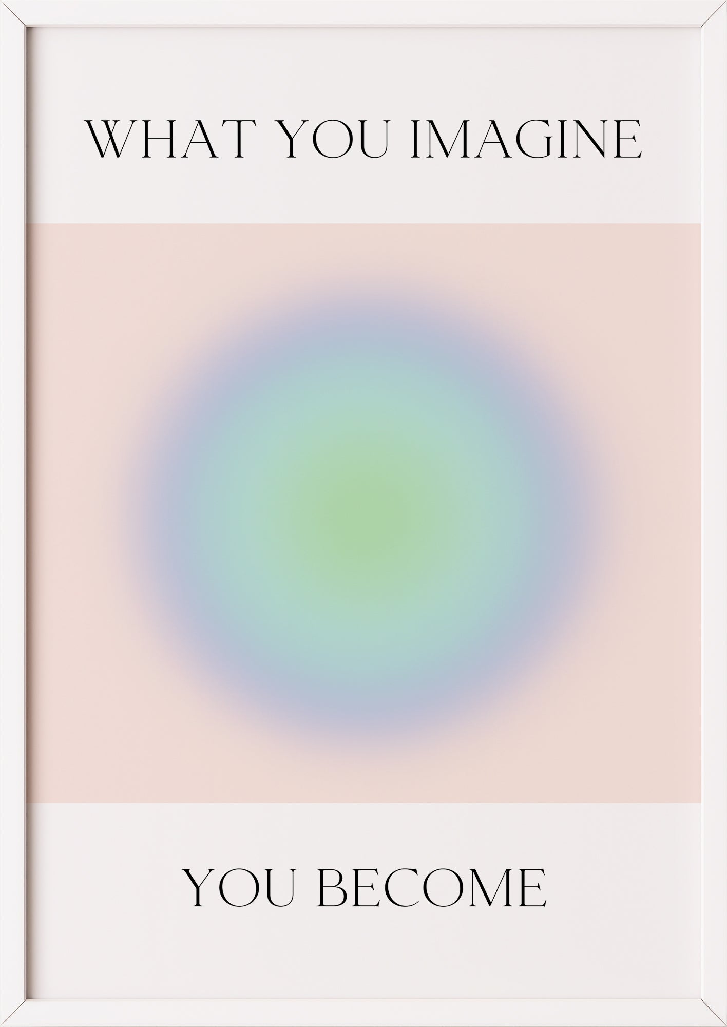 Blau-grünes Lichtposter mit Zitat in weißem Rahmen auf roséfarbenem Grund