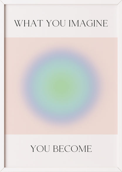 Blau-grünes Lichtposter mit Zitat in weißem Rahmen auf roséfarbenem Grund