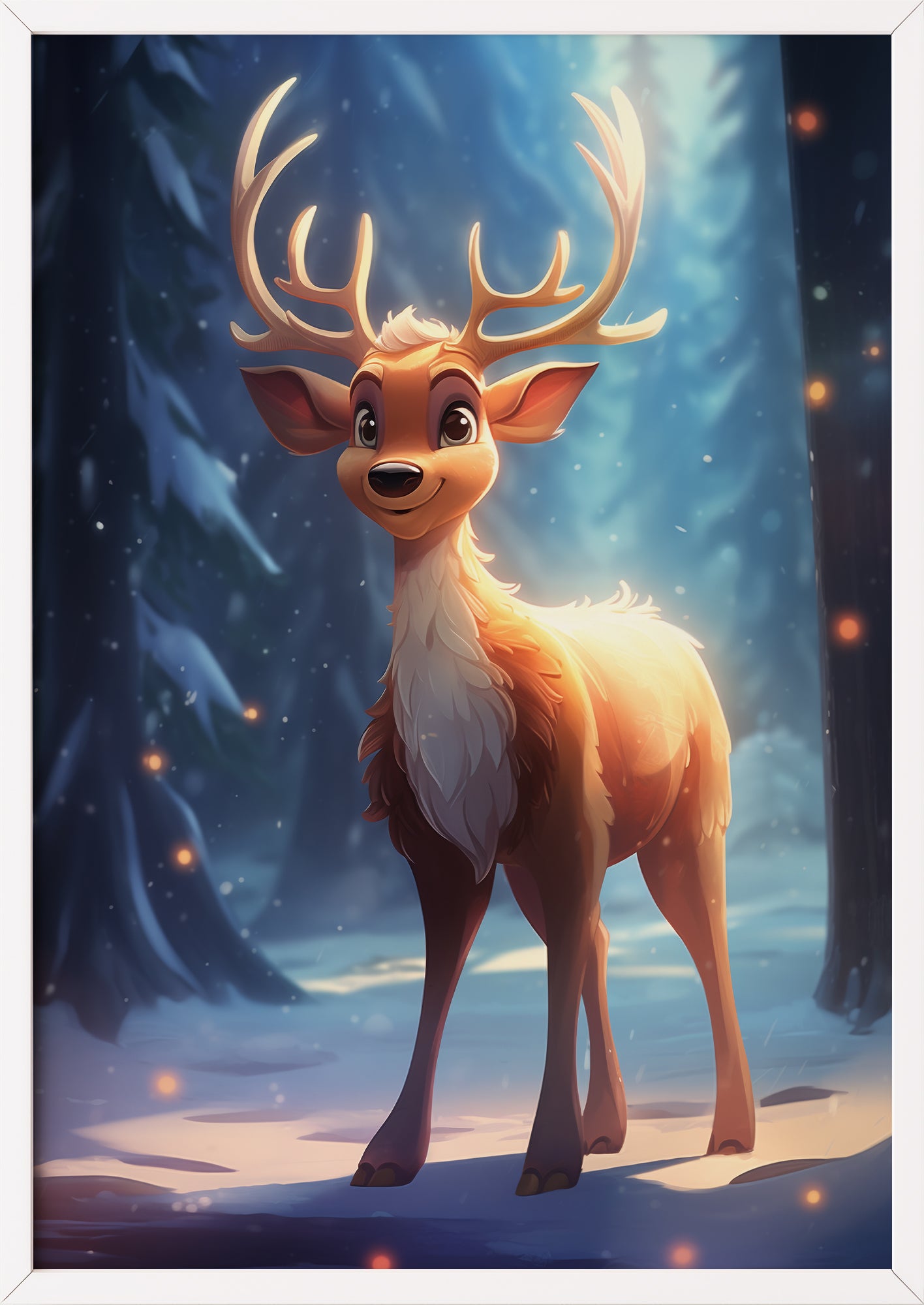 Winterposter mit Cartoon-Rentier im weißen Holzrahmen