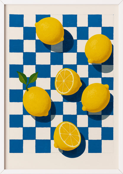 Halbierte und ganze Zitronen als Illustration mit kräftigen Farben in weißem Rahmen