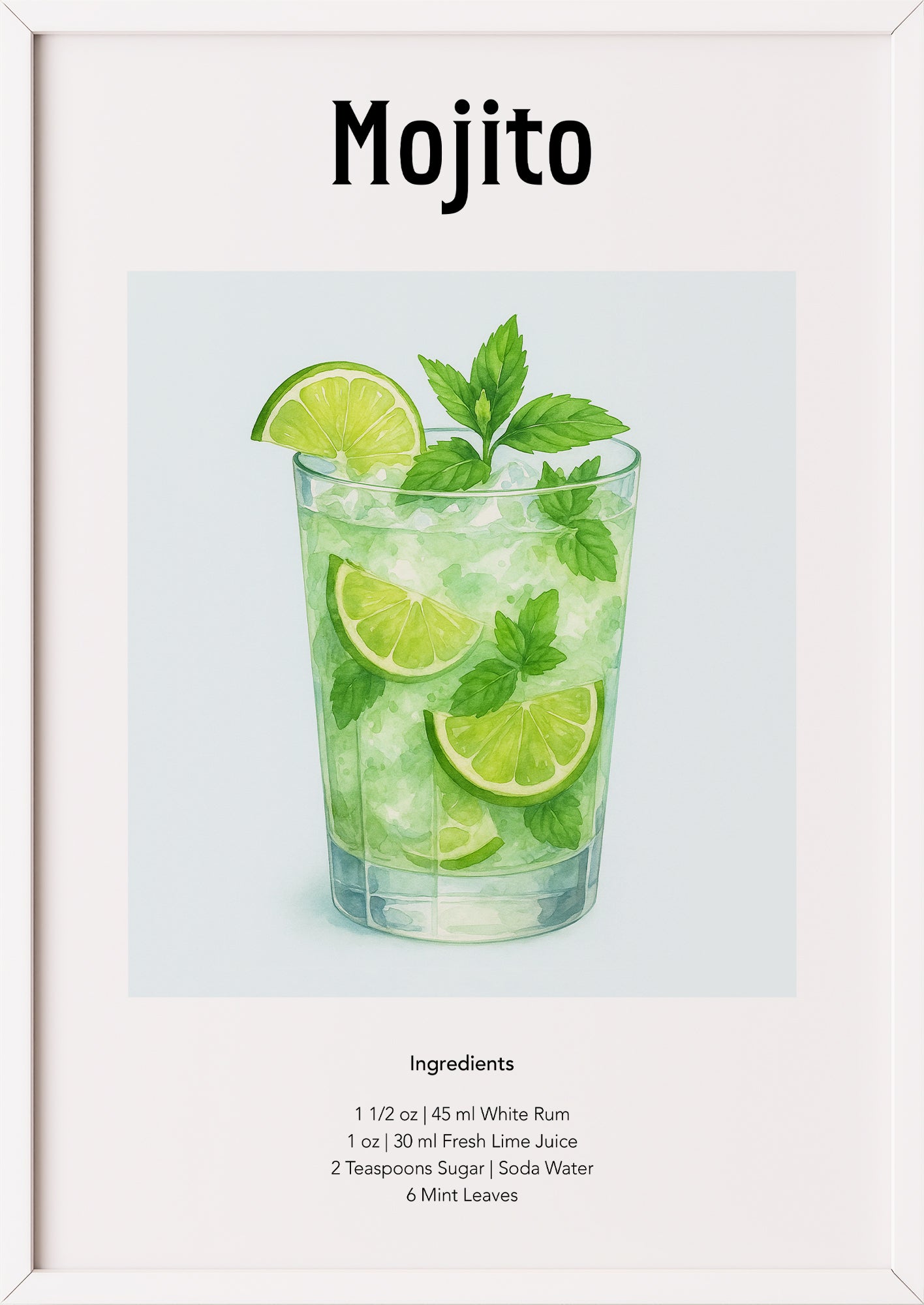 Mojito-Illustration im Aquarellstil in weißem Rahmen vor pastellfarbenem Hintergrund
