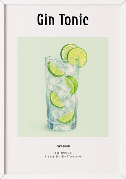 Aquarellillustration Gin Tonic im weißen Rahmen, angelehnt an Wand