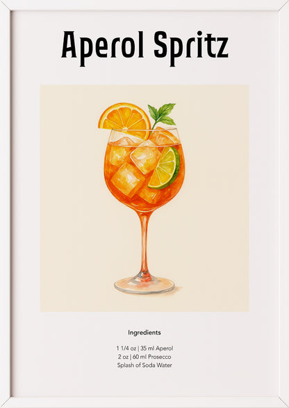 Aquarellillustration eines Aperol Spritz im Glas auf beigem Hintergrund