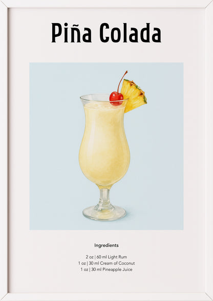 Piña Colada Aquarellposter im weißen Rahmen mit Urlaubsflair