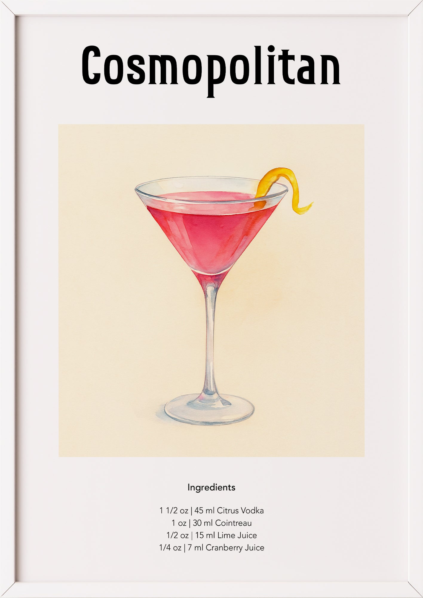 Poster mit Cosmopolitan-Cocktail im weißen Rahmen an einer hellen Wand