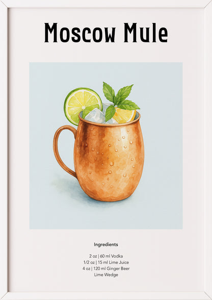 Poster mit Moscow Mule-Glas im weißen Rahmen vor heller Wand