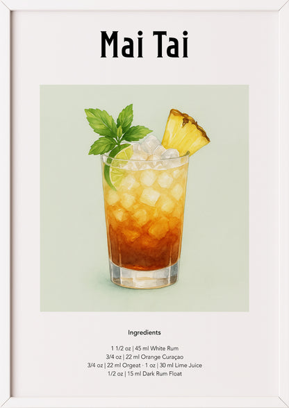 Poster mit Mai Tai-Glas im weißen Rahmen vor hellem Untergrund