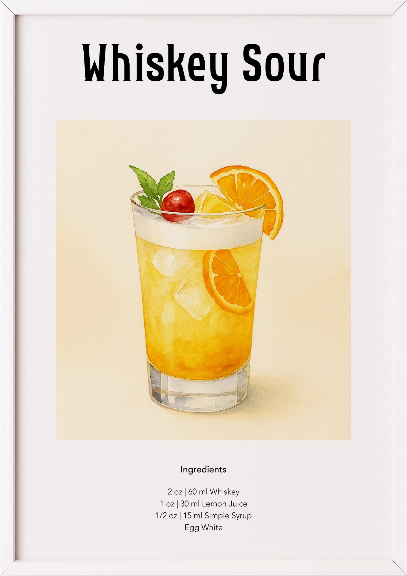Poster mit Whiskey Sour-Glas im weißen Rahmen vor hellem Untergrund