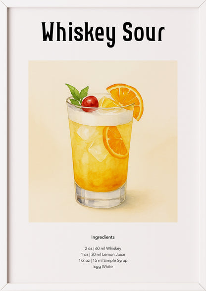 Poster mit Whiskey Sour-Glas im weißen Rahmen vor hellem Untergrund