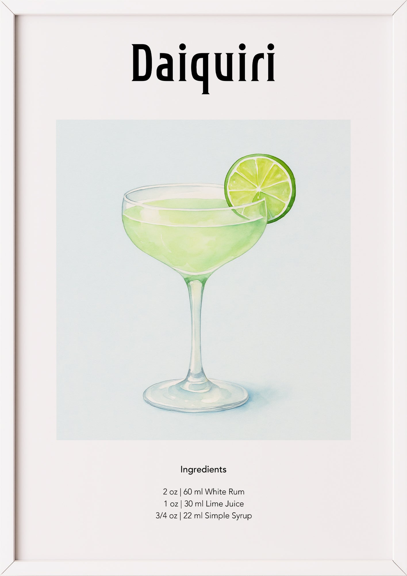 Daiquiri-Poster im weißen Rahmen vor weißem Hintergrund