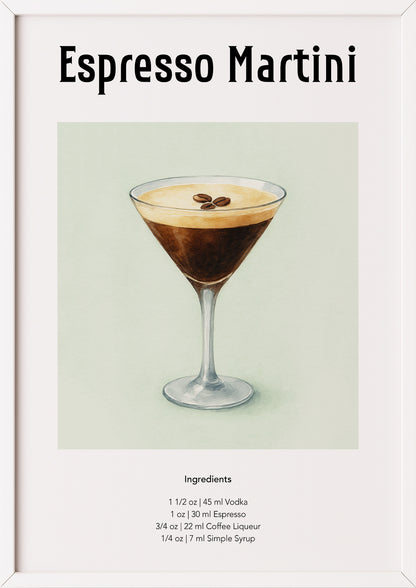 Espresso Martini Poster im weißen Rahmen vor hellem Hintergrund