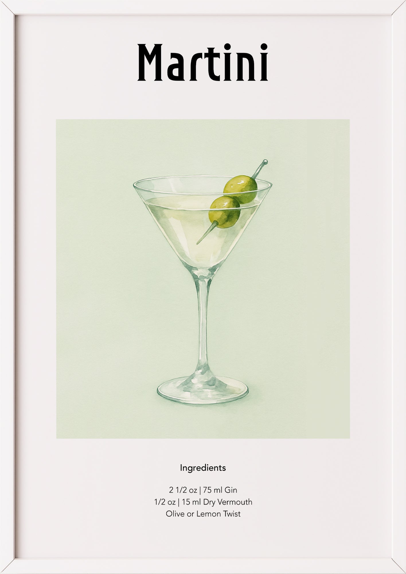 Elegantes Cocktailposter Martini mit klarem Glas auf heller Fläche