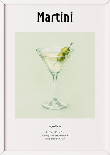 Elegantes Cocktailposter Martini mit klarem Glas auf heller Fläche