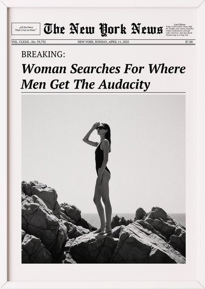 Poster Woman Searches For Where Men Get The Audacity im weißen Holzrahmen