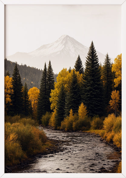 Poster Herbstwald mit Fluss und Berg im weißen Holzrahmen