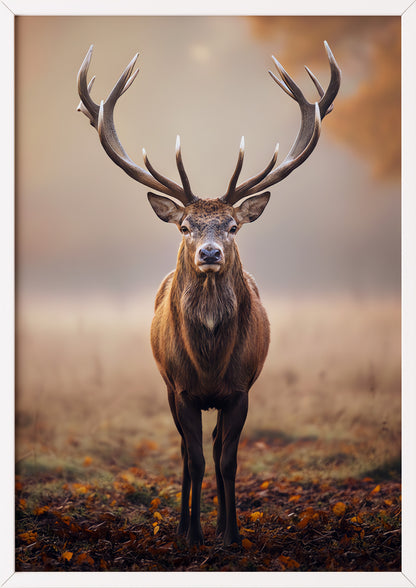 Poster Hirsch in Goldenem Licht im weißen Holzrahmen