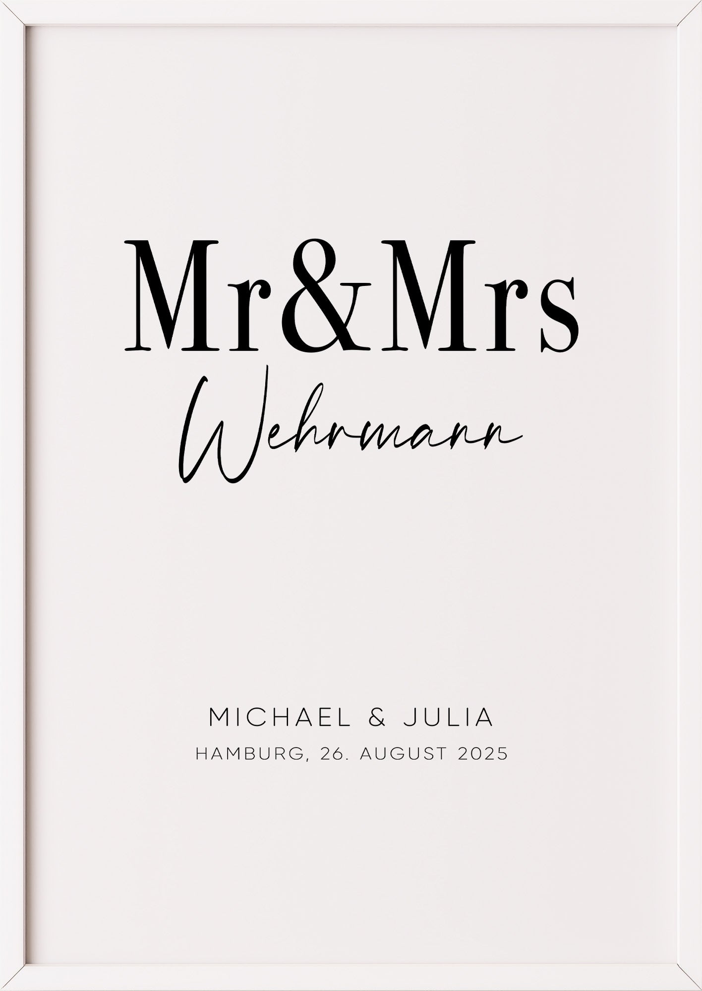 Poster Hochzeitsbild Mr & Mrs im weißen Rahmen
