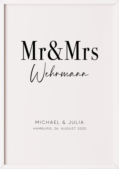 Poster Hochzeitsbild Mr & Mrs im weißen Rahmen
