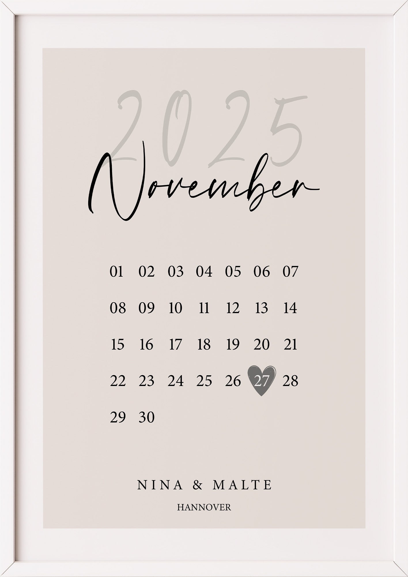 Poster Wedding Calendar im weißen Rahmen