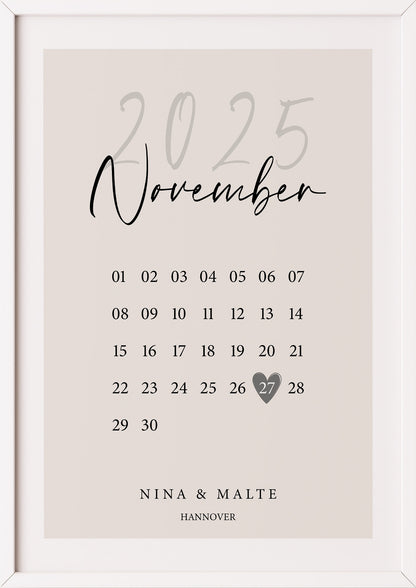 Poster Wedding Calendar im weißen Rahmen