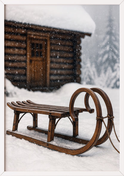 Poster Waldhütte mit Vintage Schlitten im Schnee im weißen Rahmen