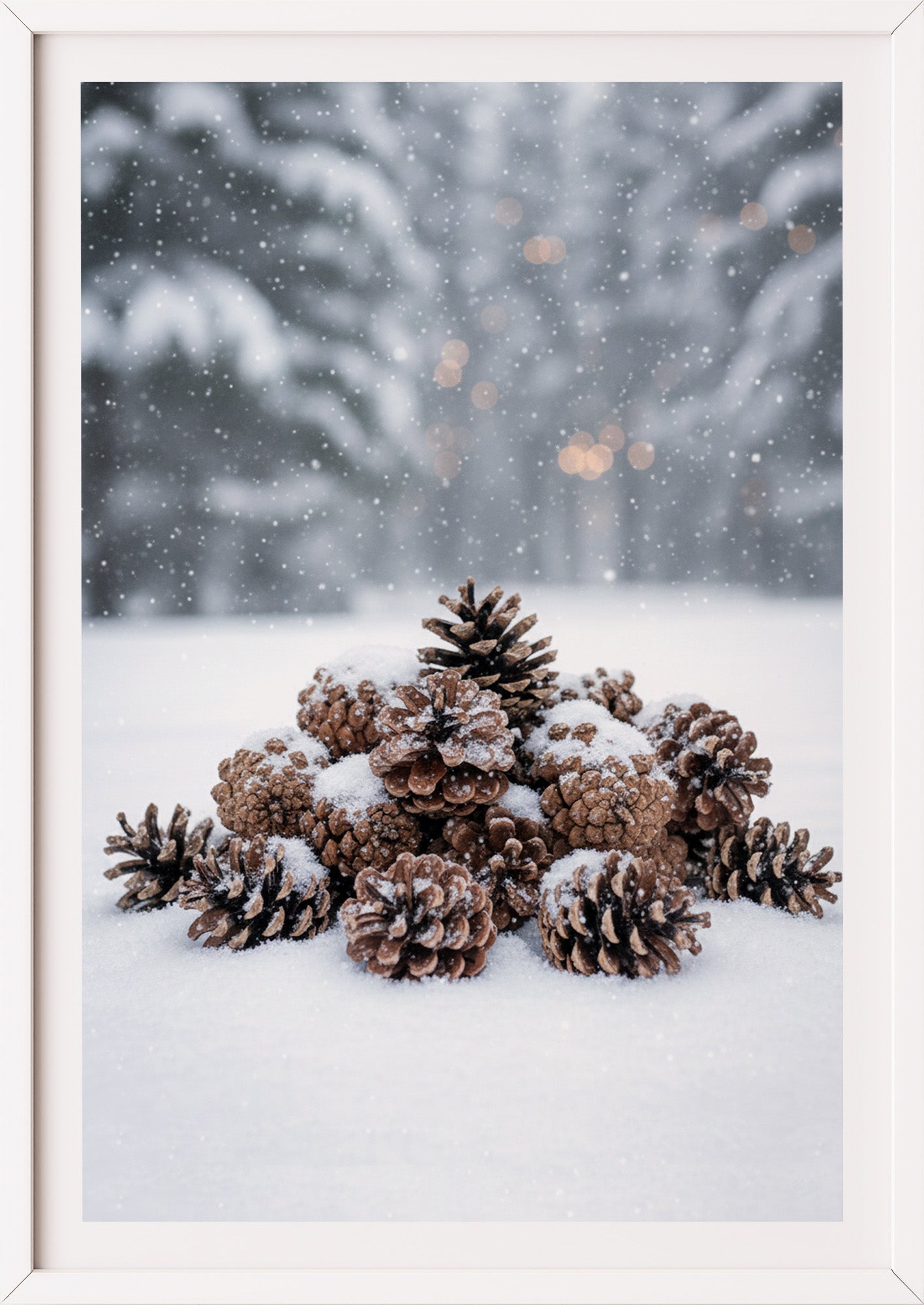 Poster Tannenzapfen im Schnee im weißen Rahmen