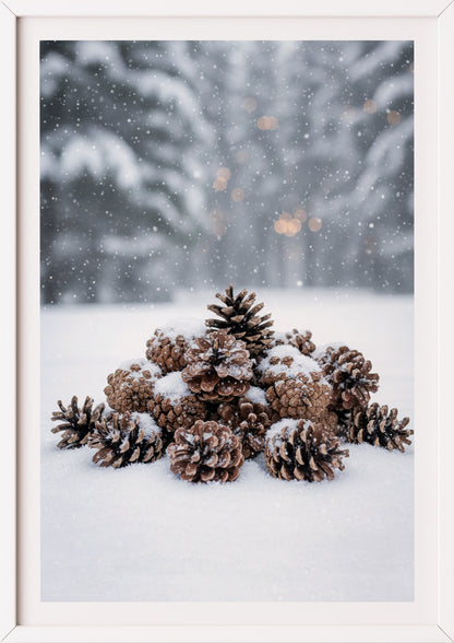 Poster Tannenzapfen im Schnee im weißen Rahmen