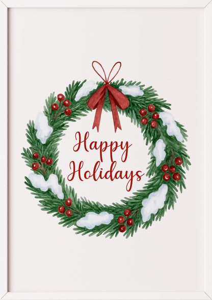 Poster Happy Holidays Weihnachtskranz Illustration im weißen Rahmen