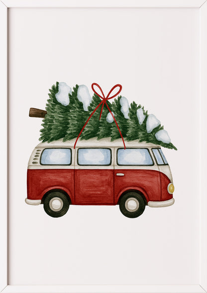 Poster Van mit Weihnachtsbaum Illustration im weißen Rahmen