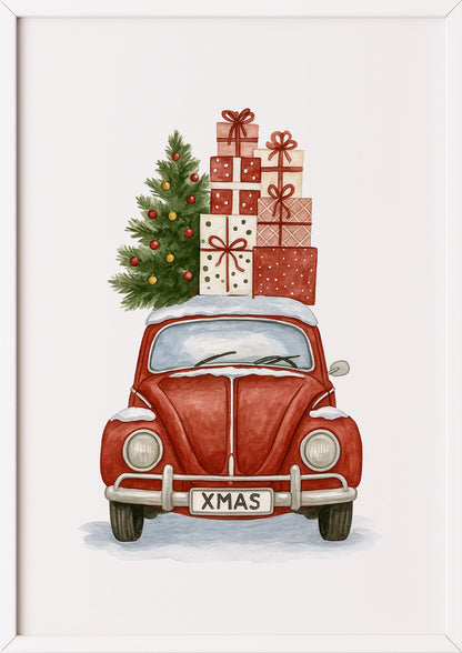 Poster XMAS Käfer mit Weihnachtsbaum und Geschenken Illustration im weißen Rahmen