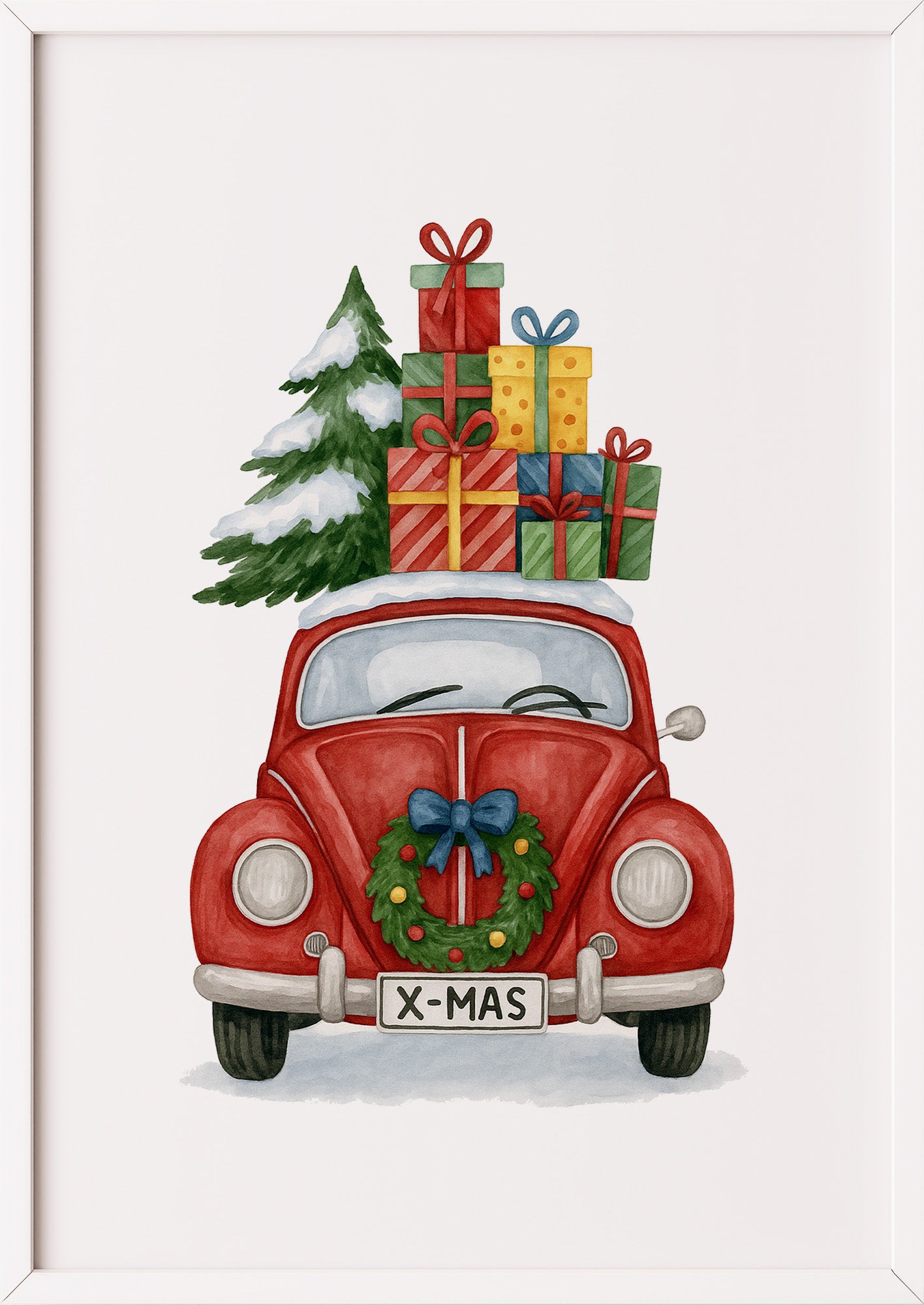 Poster XMAS Käfer mit Weihnachtsbaum, Kranz und Geschenken Illustration im weißen Rahmen