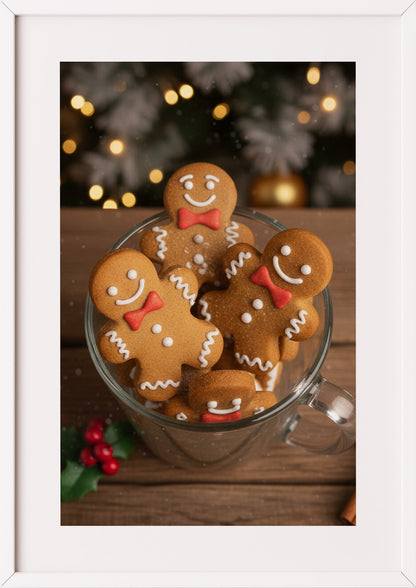 Poster Lebkuchen Männchen mit Weihnachtsdeko im weißen Rahmen